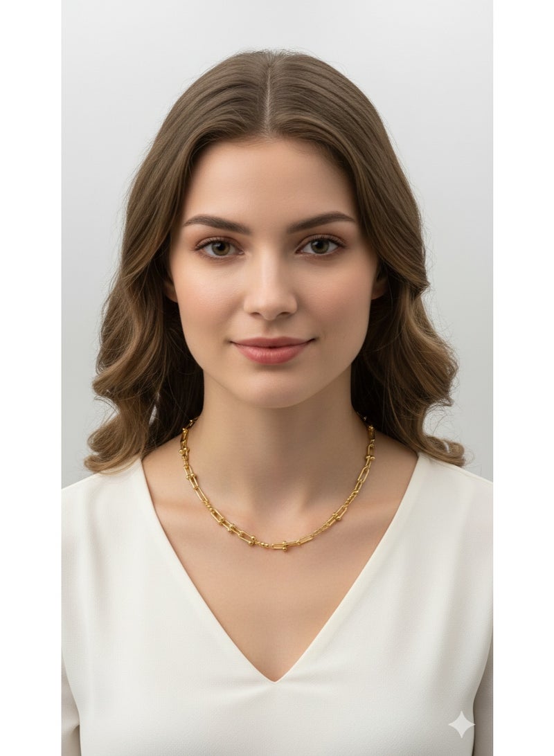 WARD Elegant Gold-Tone Interlocking Link & Bead Chain Necklace for Women - Trendy Minimalist Jewelry. - Image 3